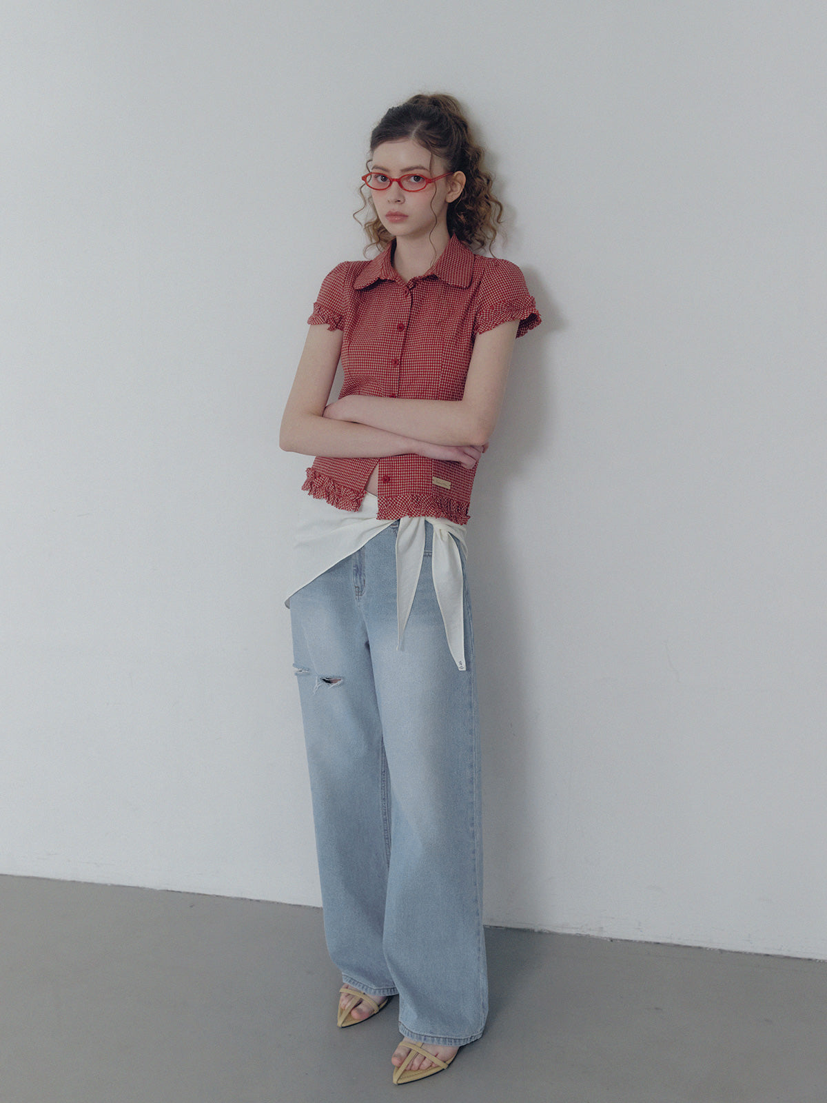 Roel check frill short sleeve blouse