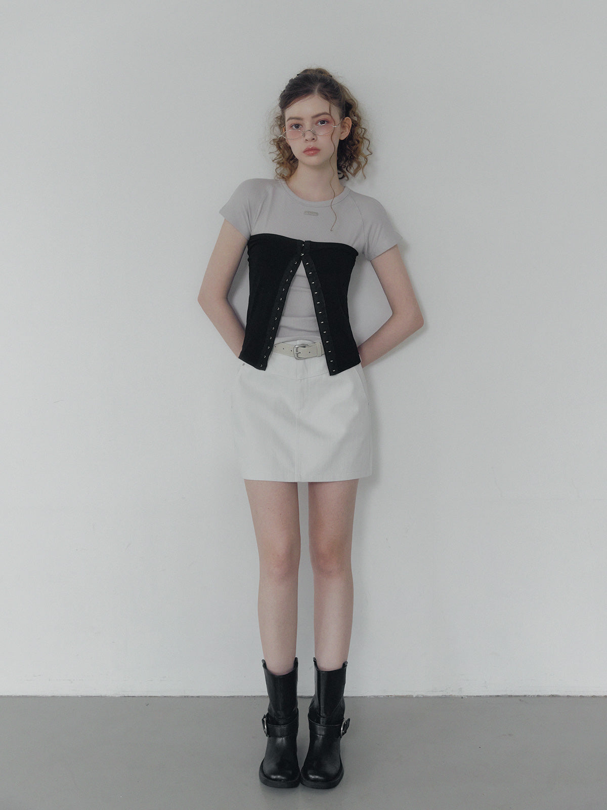 Jeden rivet panel cotton mini skirt (belt set)