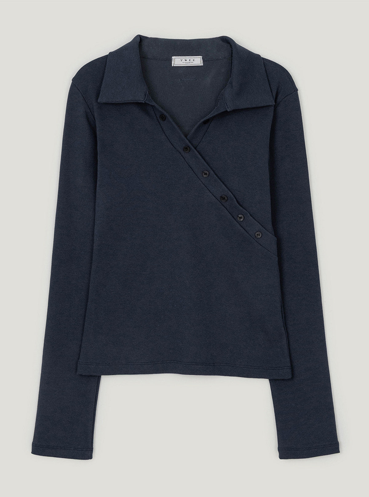 TWEE Normal diagonal button collar long sleeve T-shirt | Navy product-only view