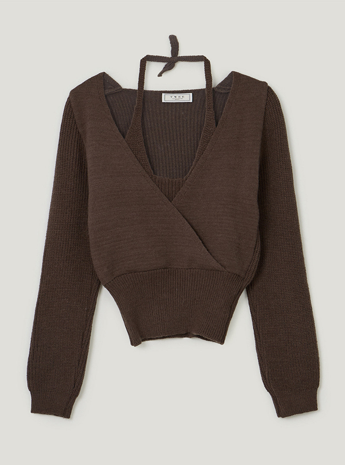 TWEE Tia halter layered wrap long sleeve knit | Brown product-only view