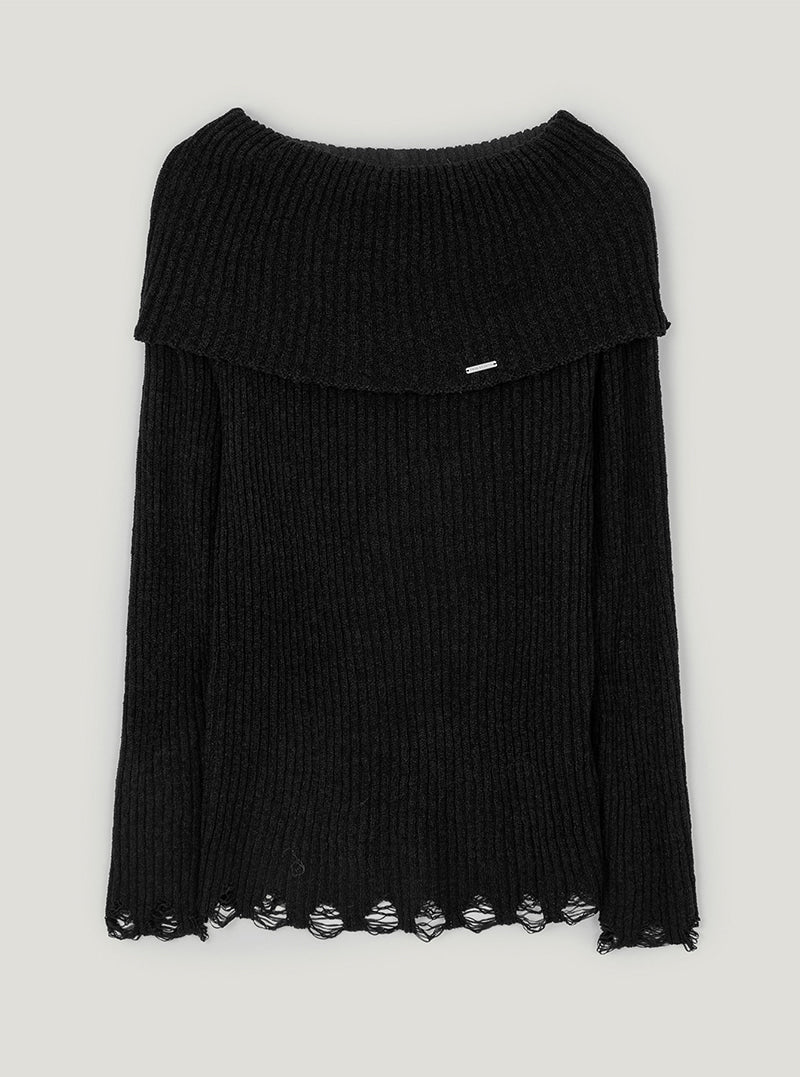 Kaen vintage distressed off-shoulder long sleeve knit | Black cutout