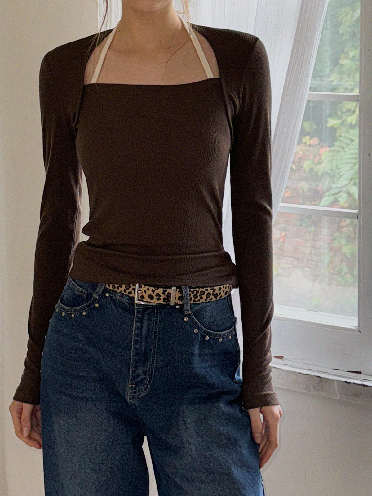 Vented Halter Contrast Strap Long-Sleeve T-Shirt