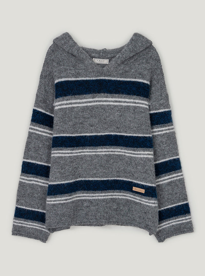 TWEE Cherit stripe oversized hood long sleeve knit | Gray product-only view