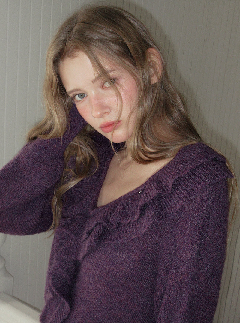 TWEE Torez ruffle V-neck long sleeve knit | Product styling view 4