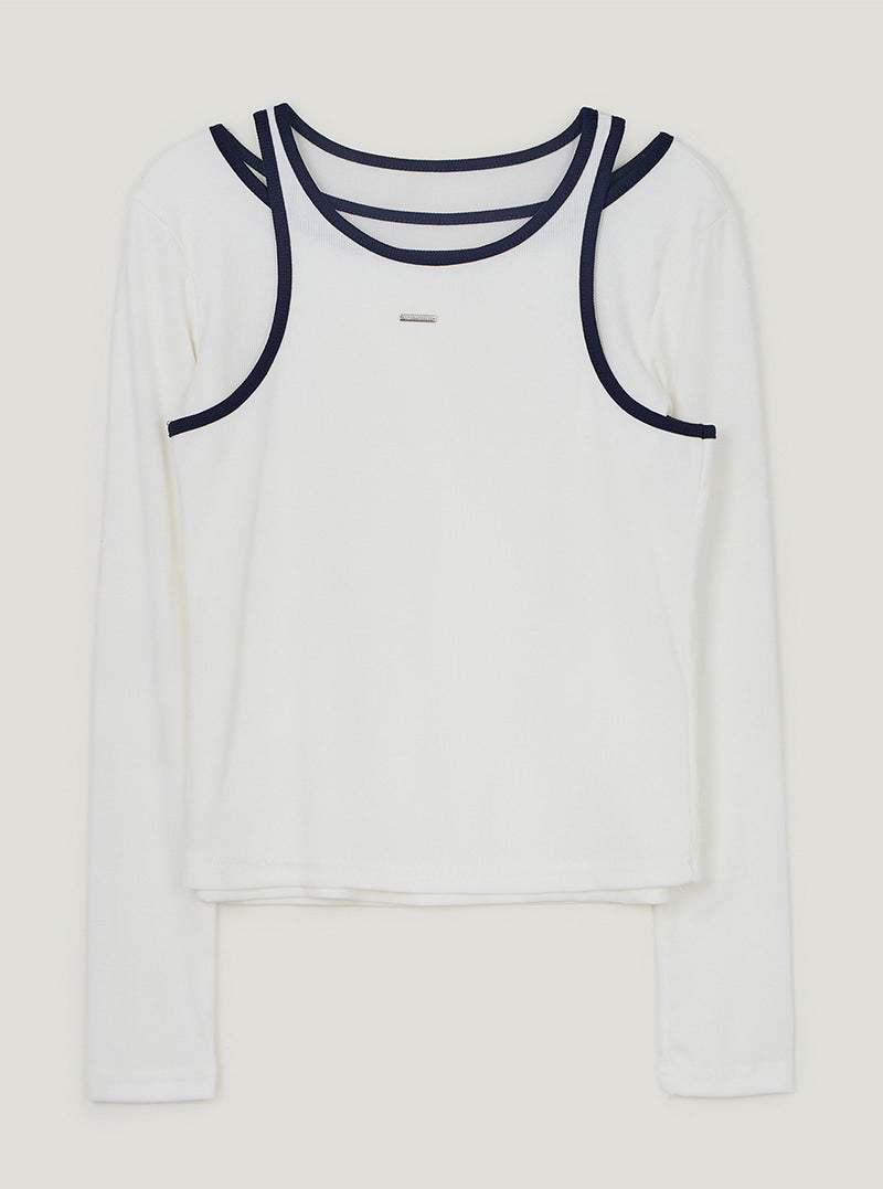 TWEE Roizen contrast sleeveless long sleeve T-shirt set | Ivory product-only view
