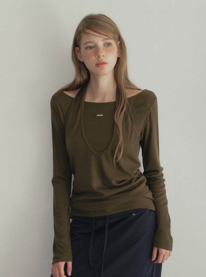 TWEE Pontis halter layered long sleeve T-shirt | Product styling view 3