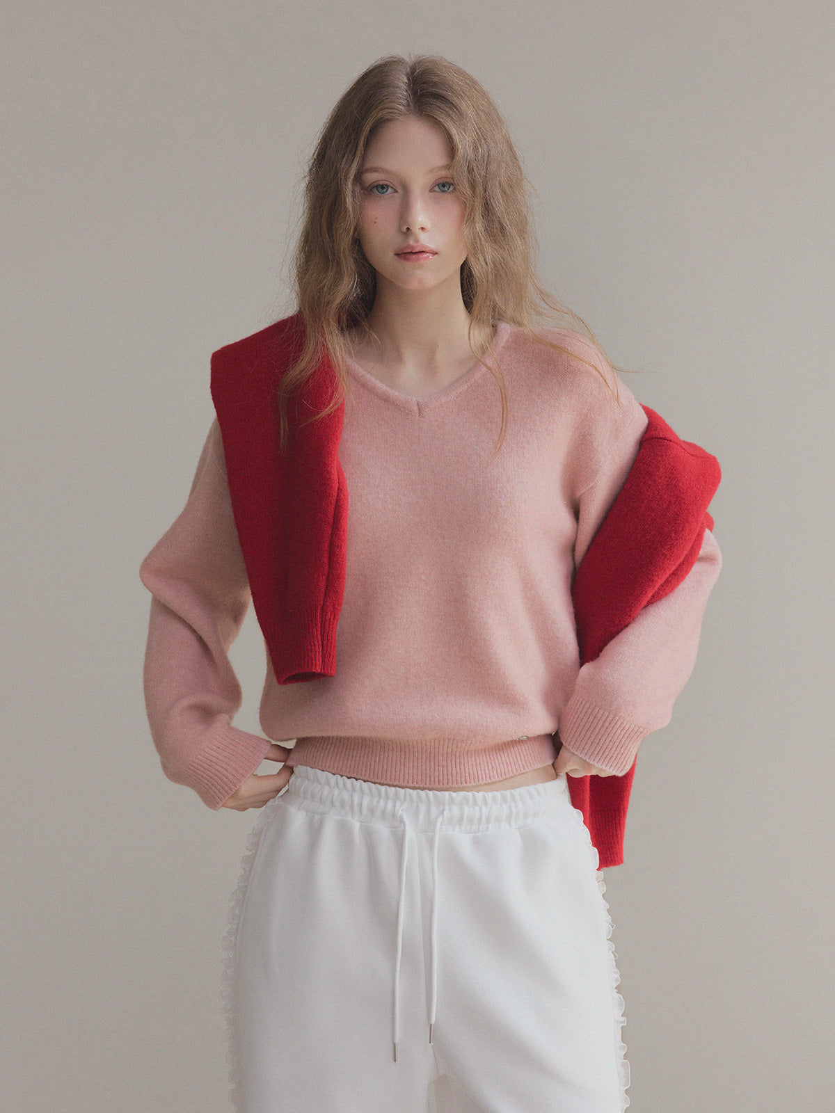 Twill Basic V-Neck Long Sleeve Knit