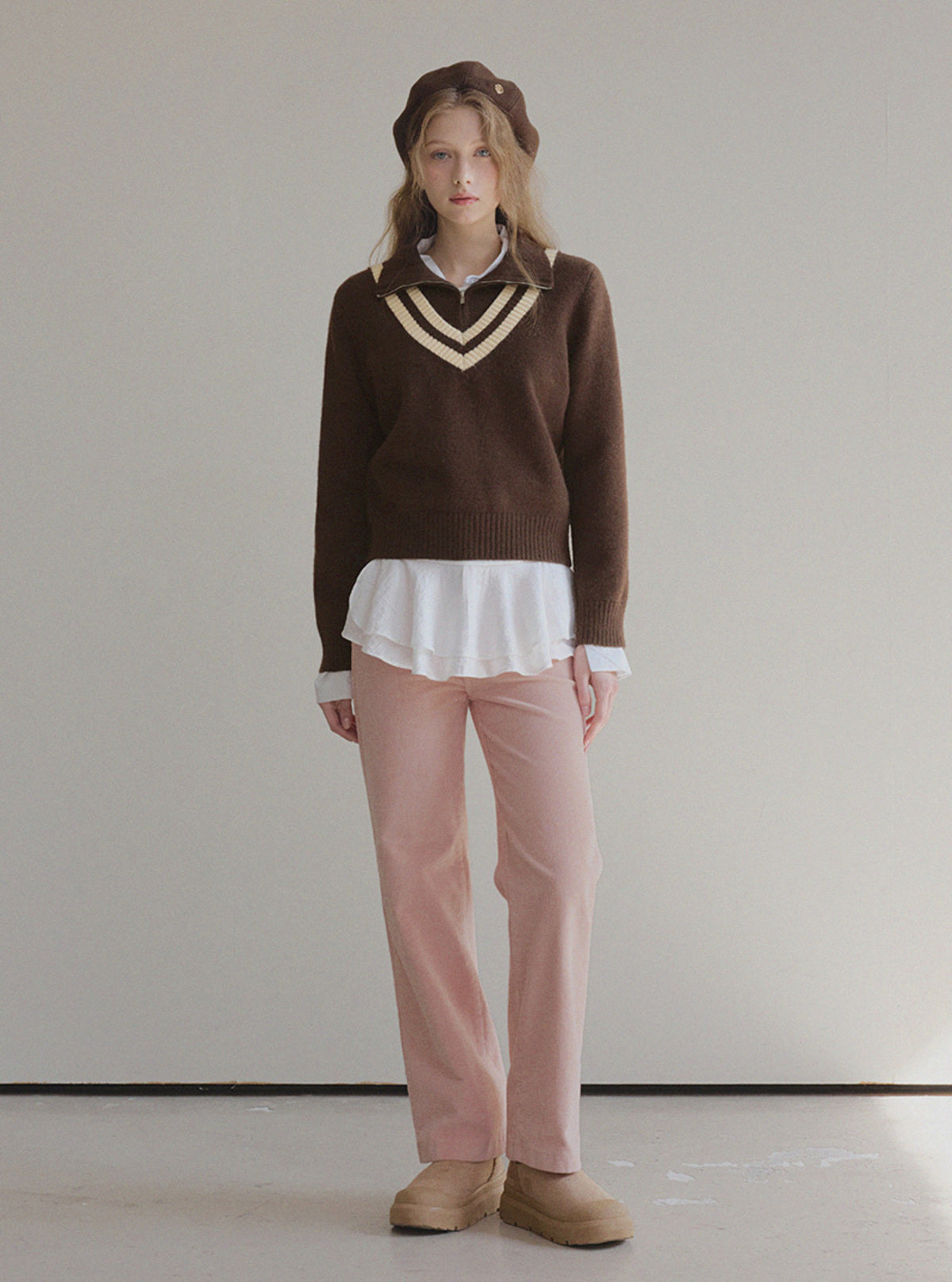 Mir Contrast High-Neck Half-Zip Knit