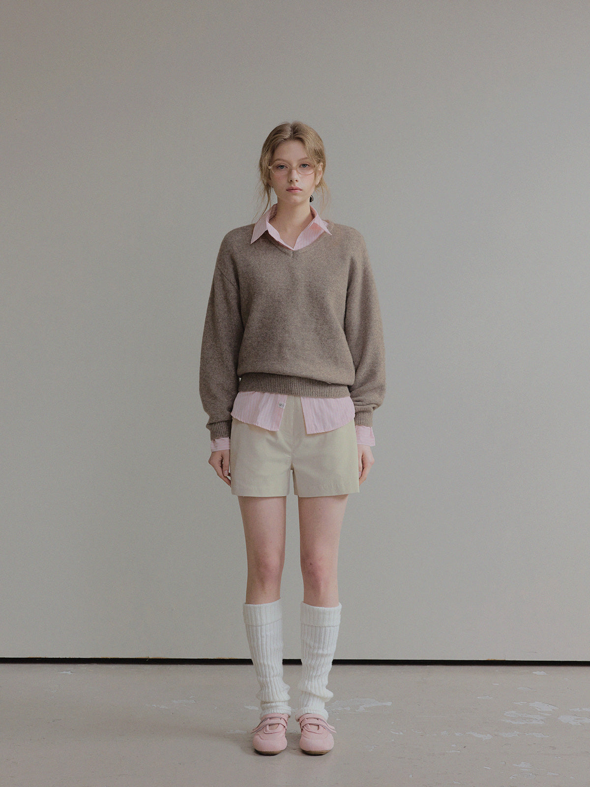 Twill Basic V-Neck Long Sleeve Knit