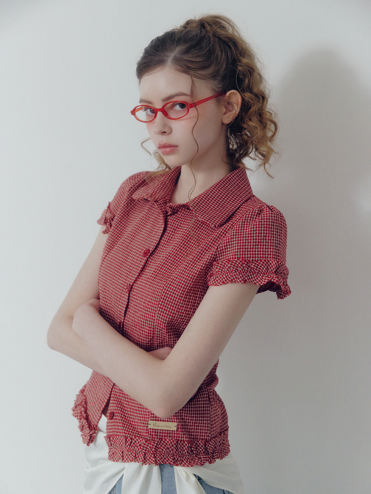 Roel check frill short sleeve blouse