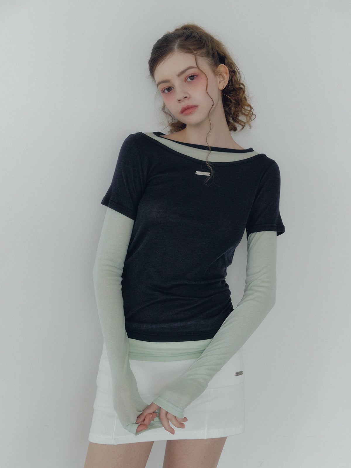 Lett contrast layered shirring long sleeve t-shirt