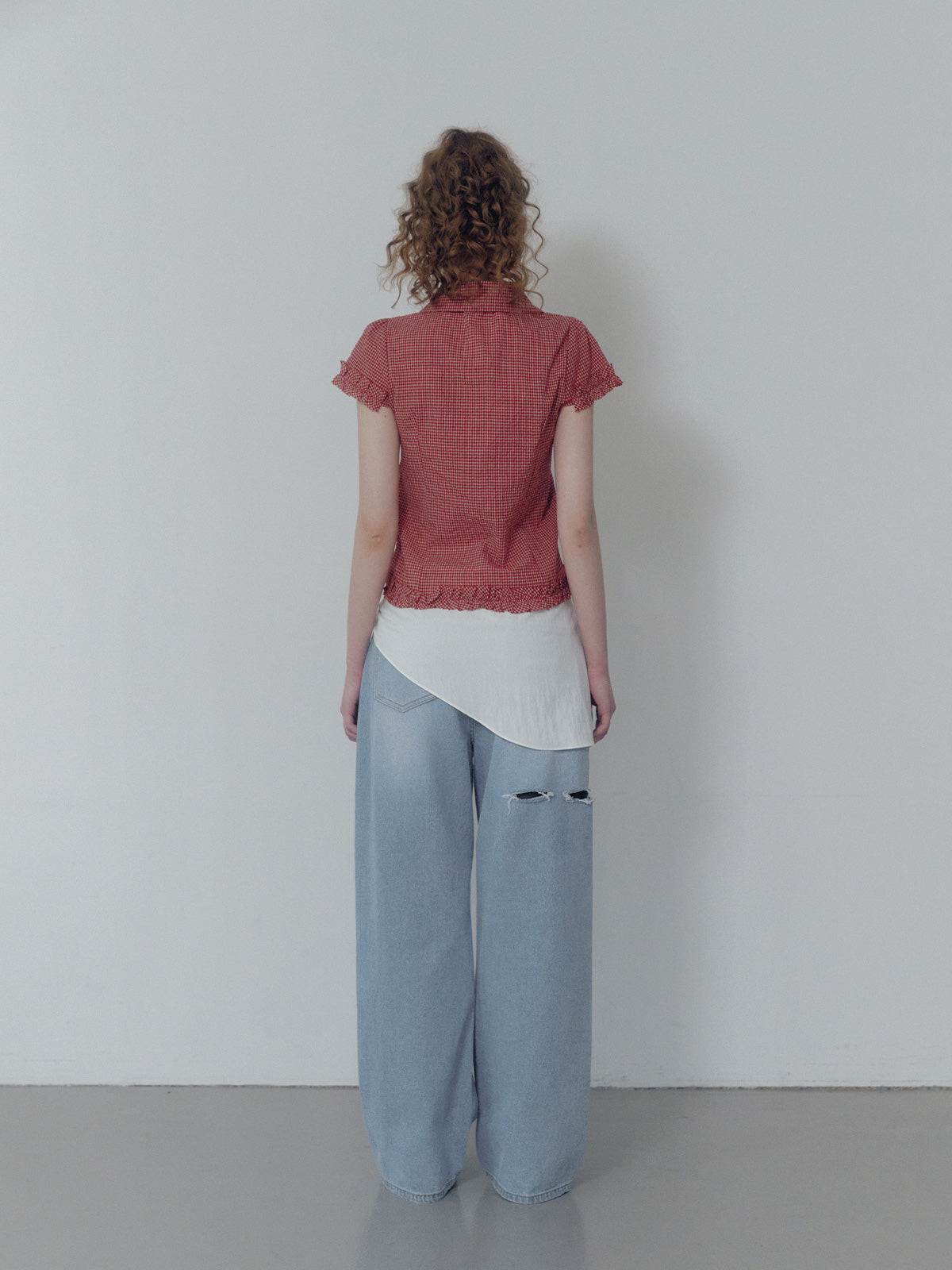 Roel check frill short sleeve blouse