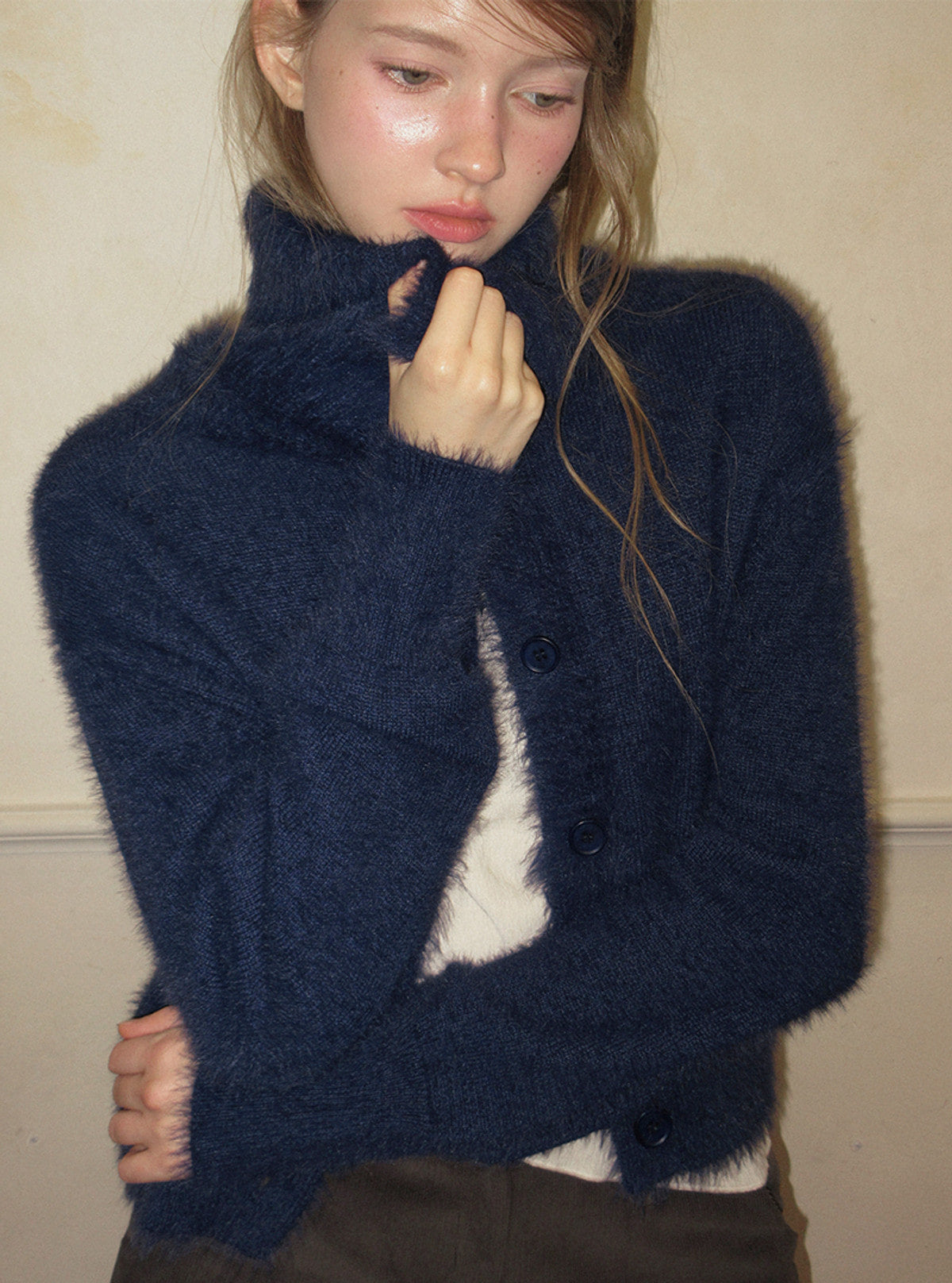 TWEE Sophie brushed collar knit long sleeve cardigan | Product styling view 7