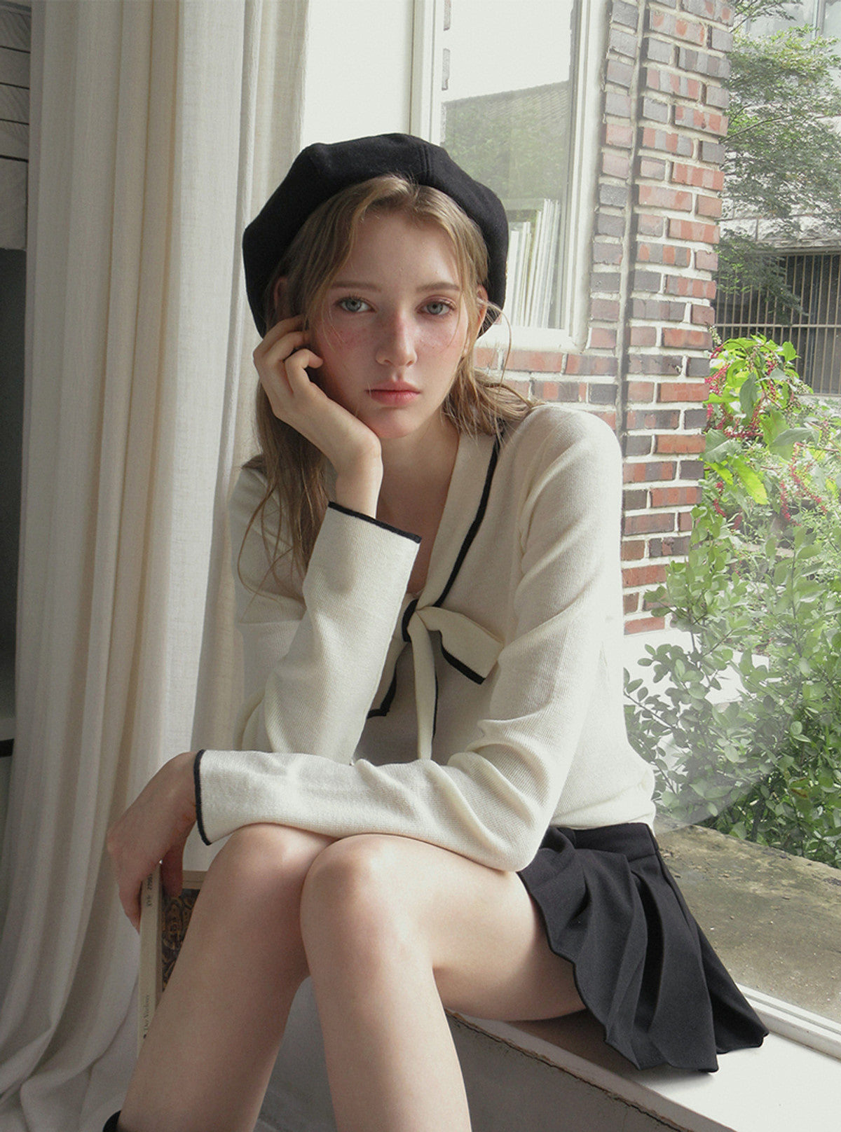 TWEE Poril contrast tie long sleeve knit | Product styling view 6