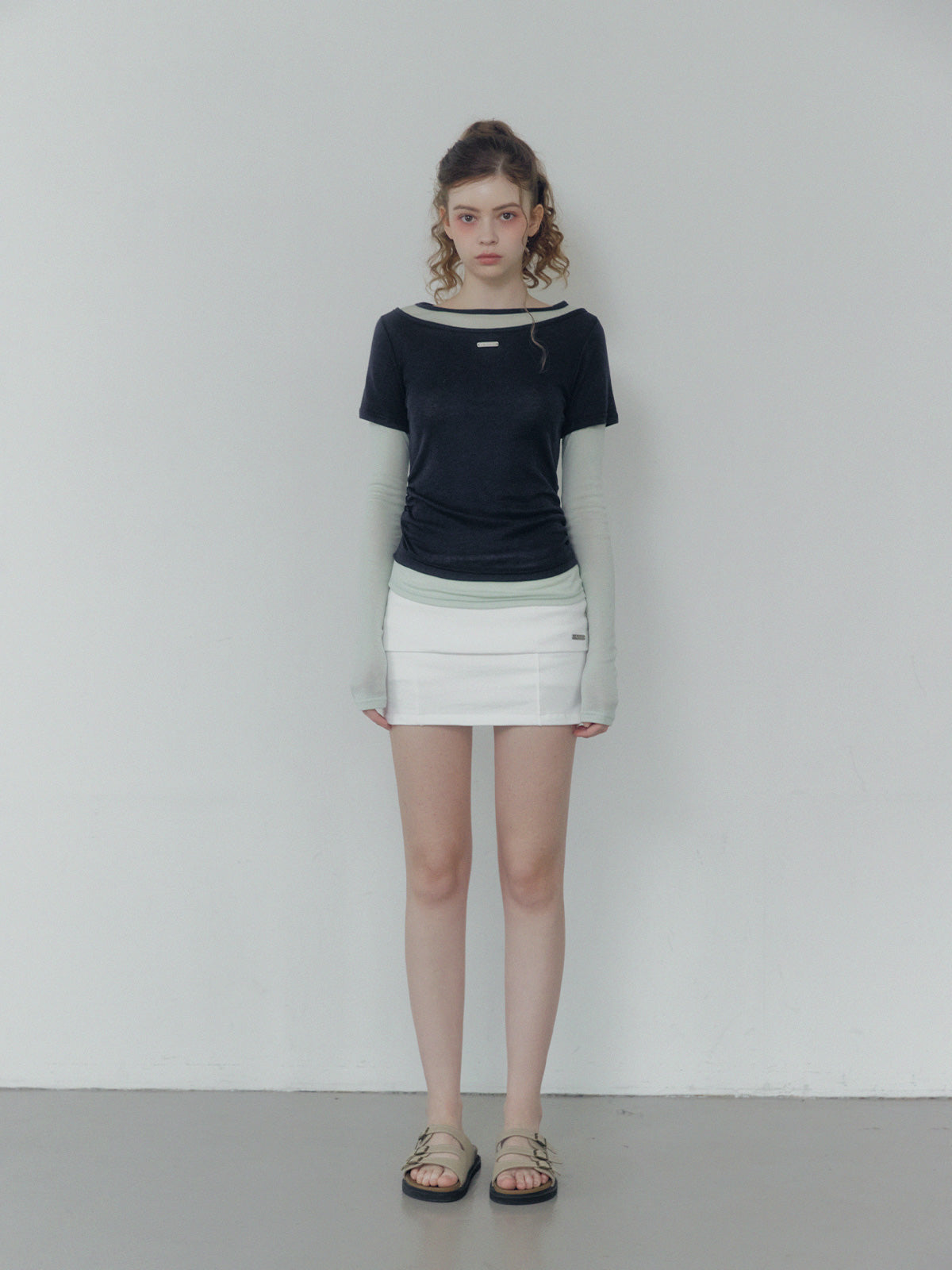 Lett contrast layered shirring long sleeve t-shirt