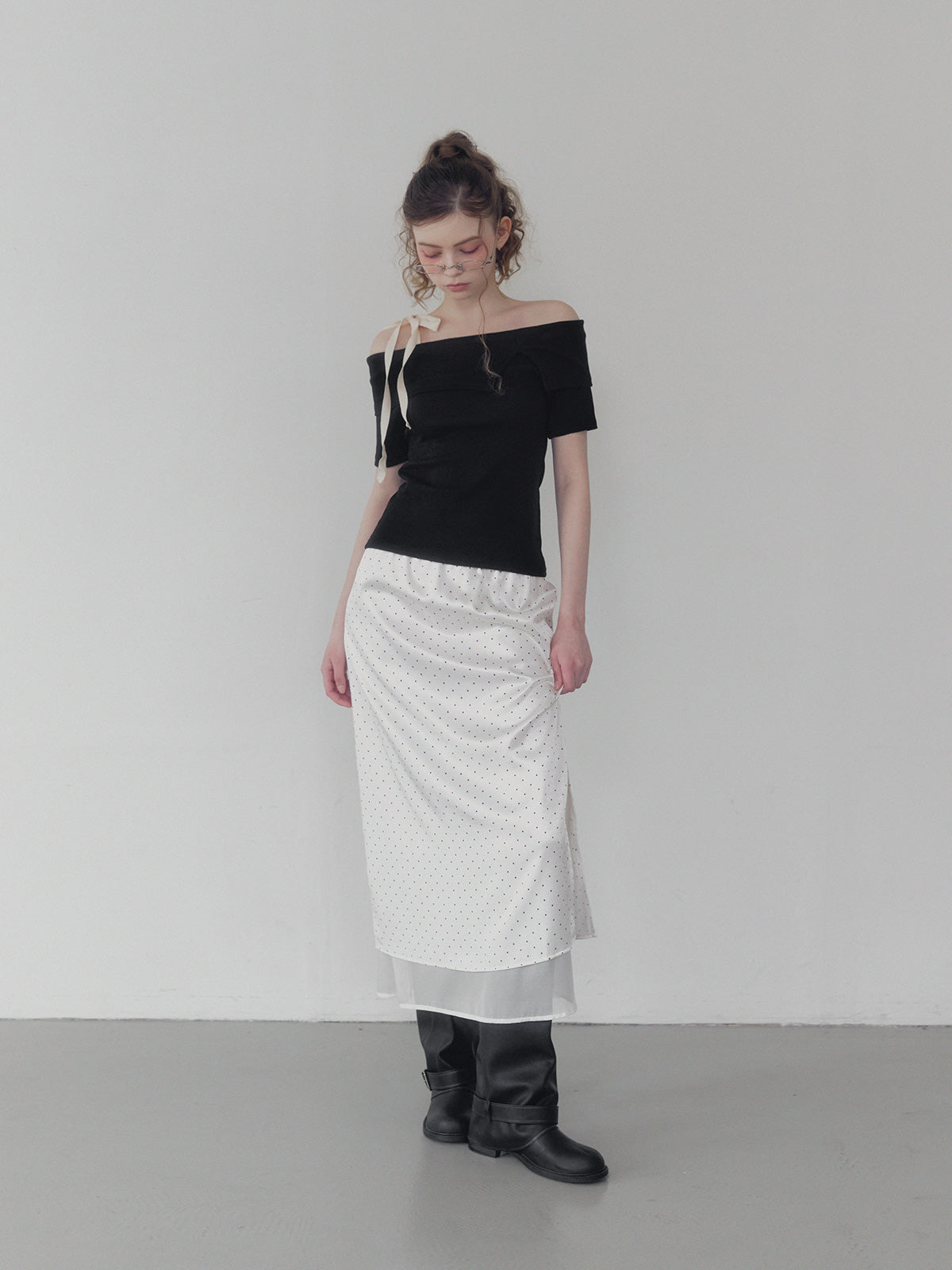 Purd dot layered banding long skirt