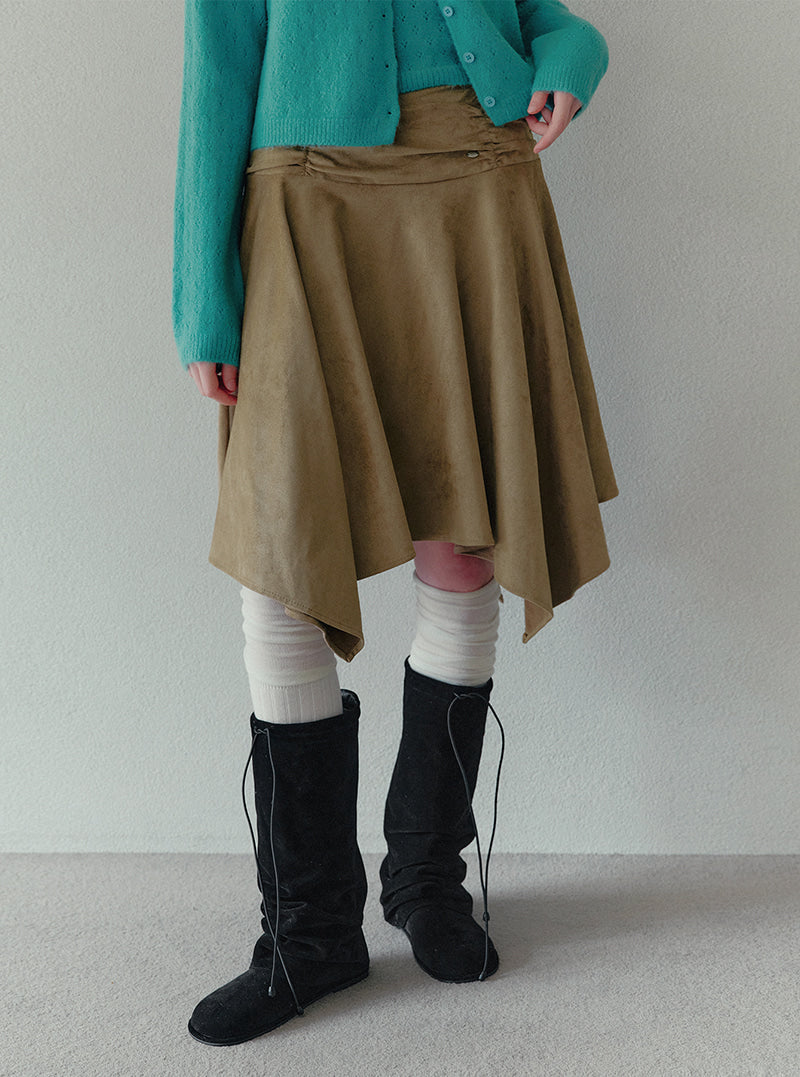 Tiz shirring suede asymmetric midi skirt | View 6