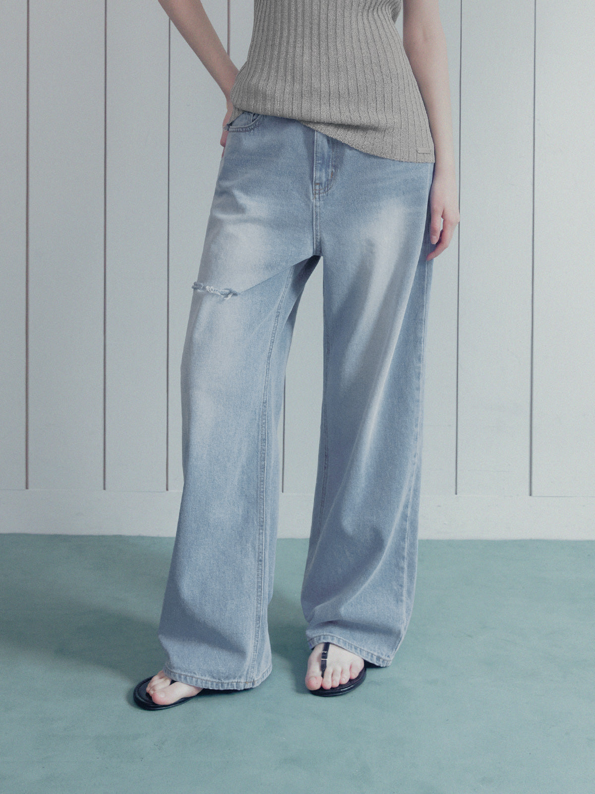 Ozen damage wide long denim pants