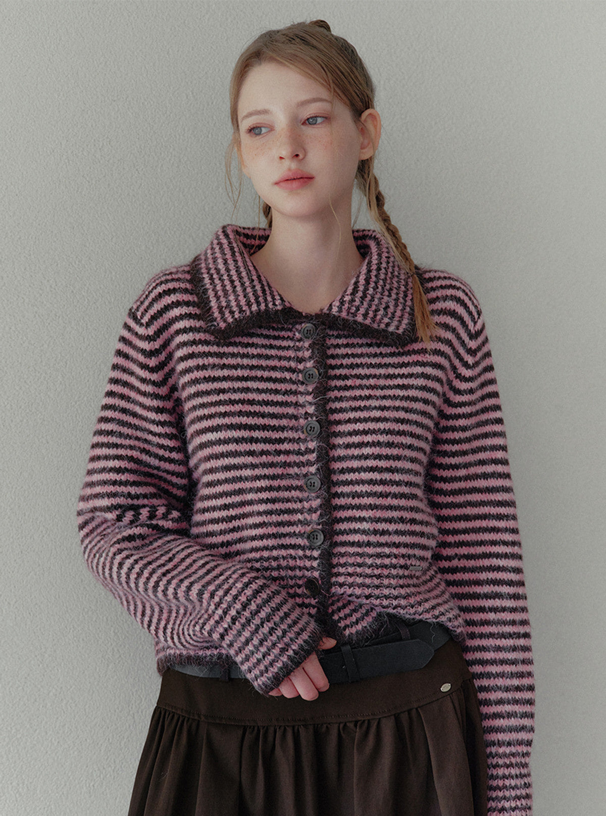 Hisen collar stripe heavyweight long sleeve cardigan | View 6