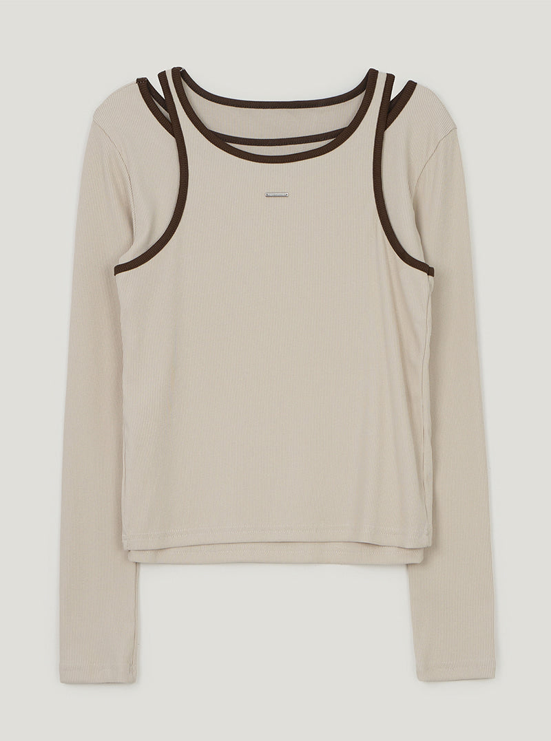 TWEE Roizen contrast sleeveless long sleeve T-shirt set | Beige product-only view