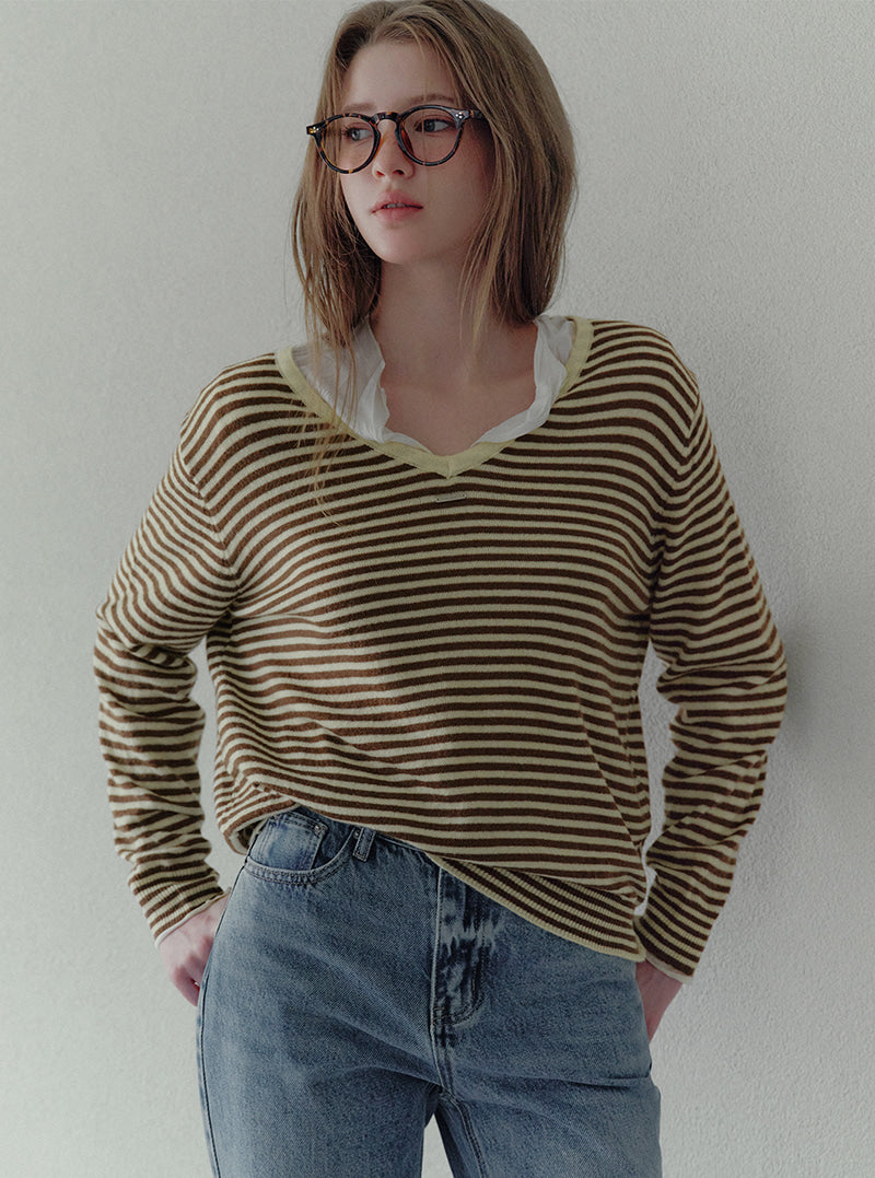 Letter V-neck stripe long sleeve knit | View 6