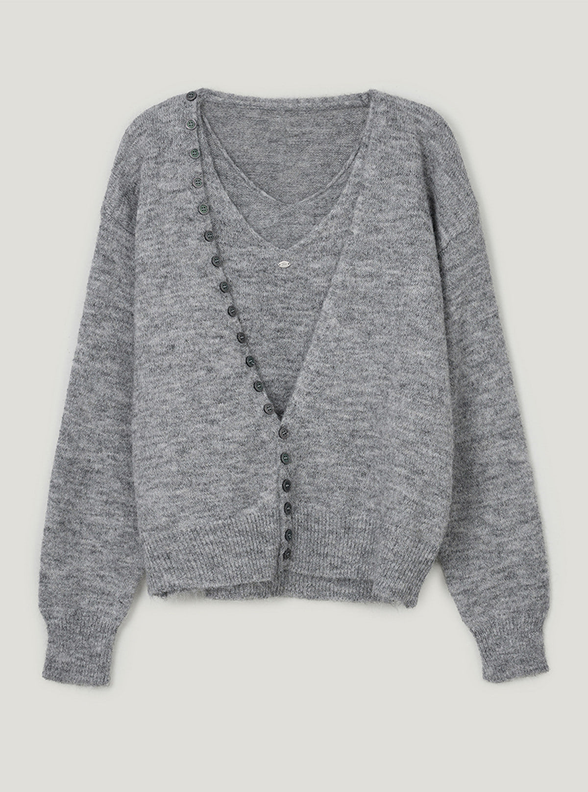 TWEE Runder button layered sleeveless cardigan set | Gray product-only view