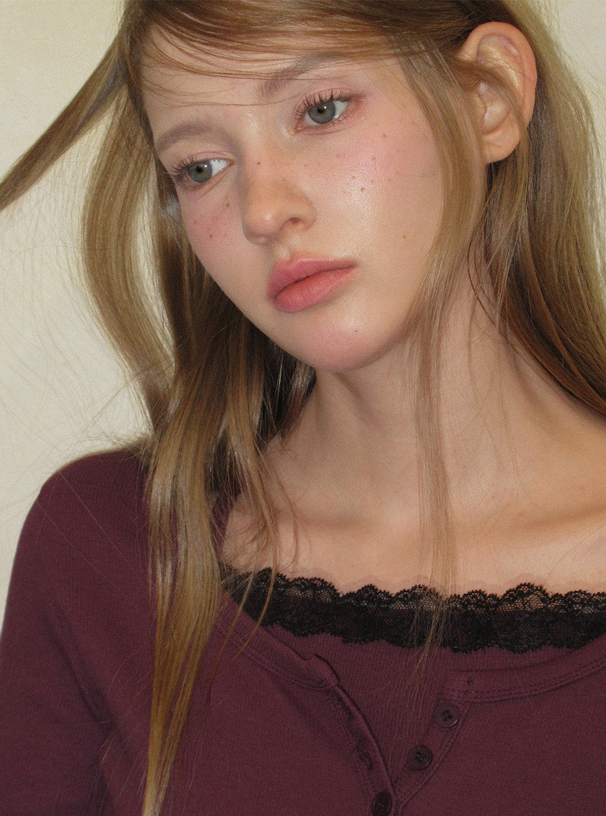 TWEE Martin lace contrast button long sleeve T-shirt | Product styling view 8