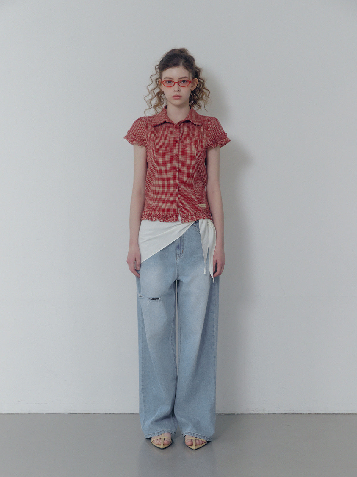 Roel check frill short sleeve blouse