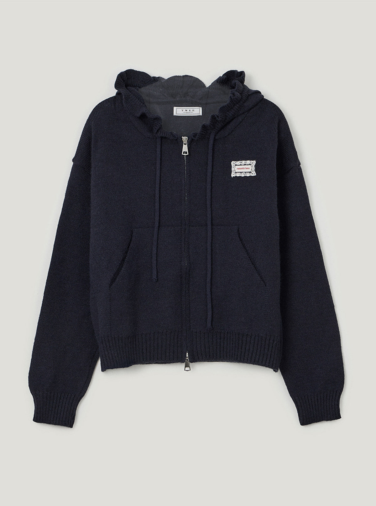 TWEE Berle wave hood long sleeve knit zip-up | Navy product-only view