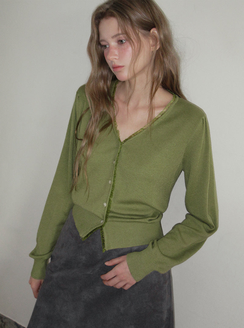 TWEE Derit lace layered V-neck knit long sleeve cardigan | Product styling view 6