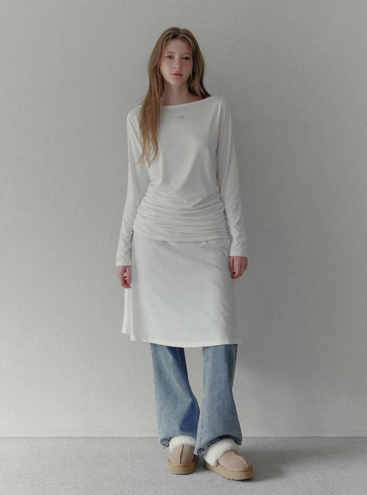 Elli shirring boat neck long dress | Main