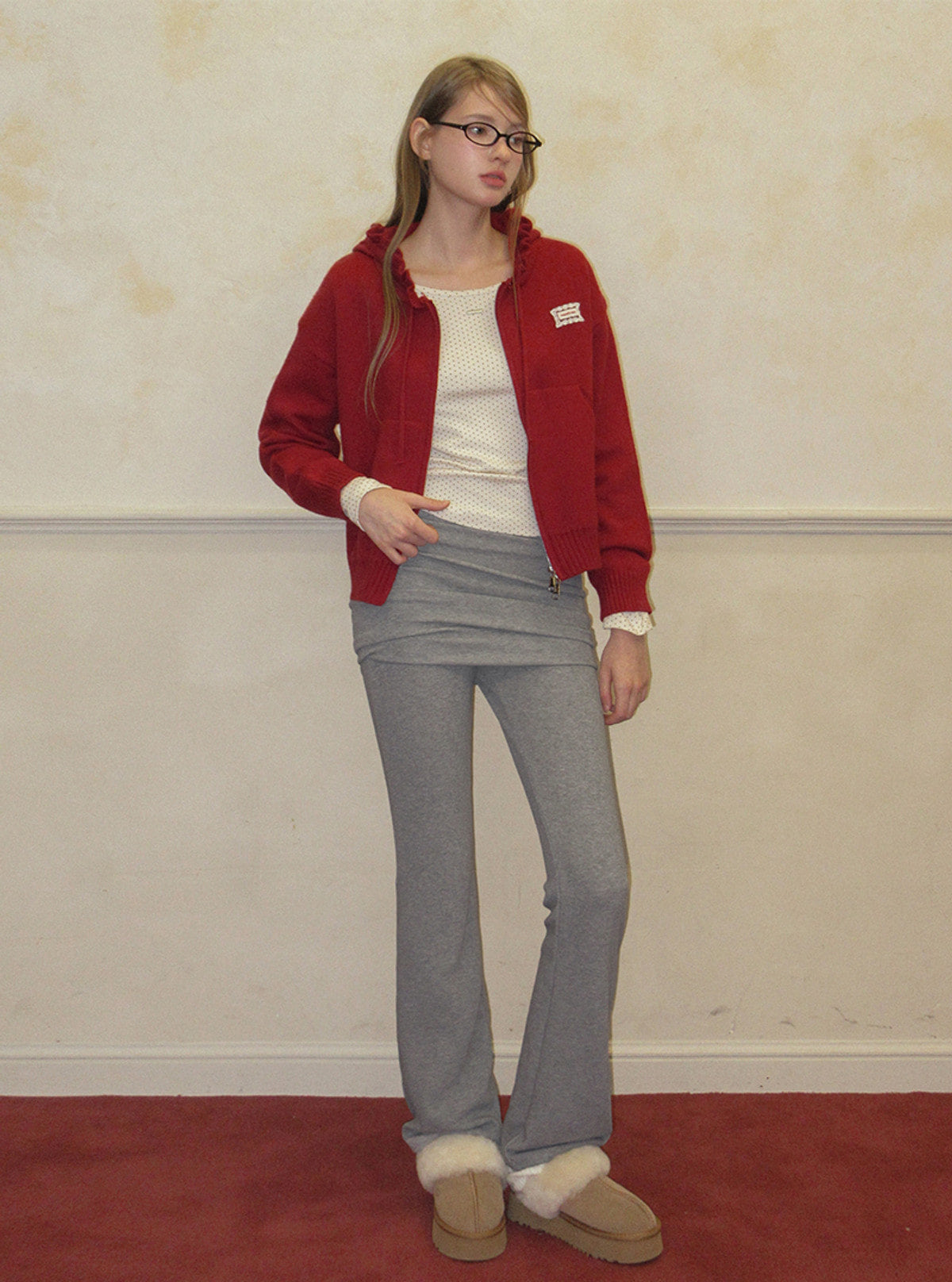 TWEE Berle wave hood long sleeve knit zip-up | Product styling view 4