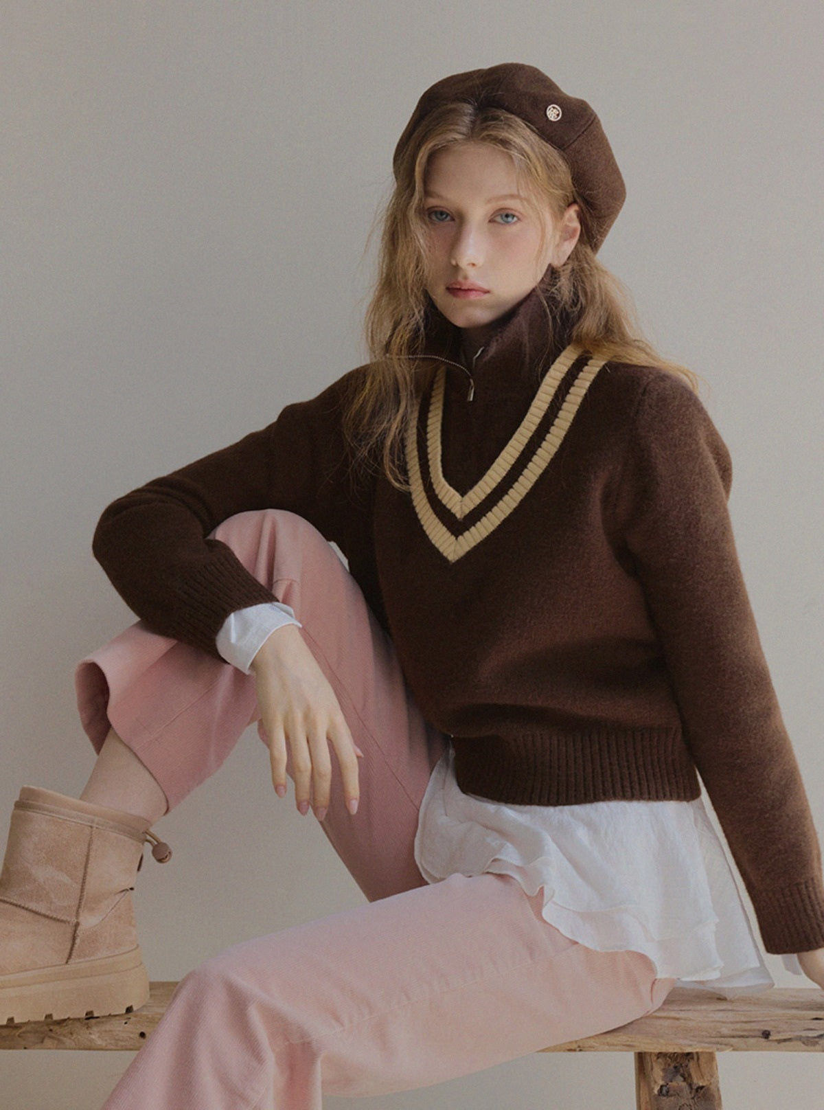 Mir Contrast High-Neck Half-Zip Knit