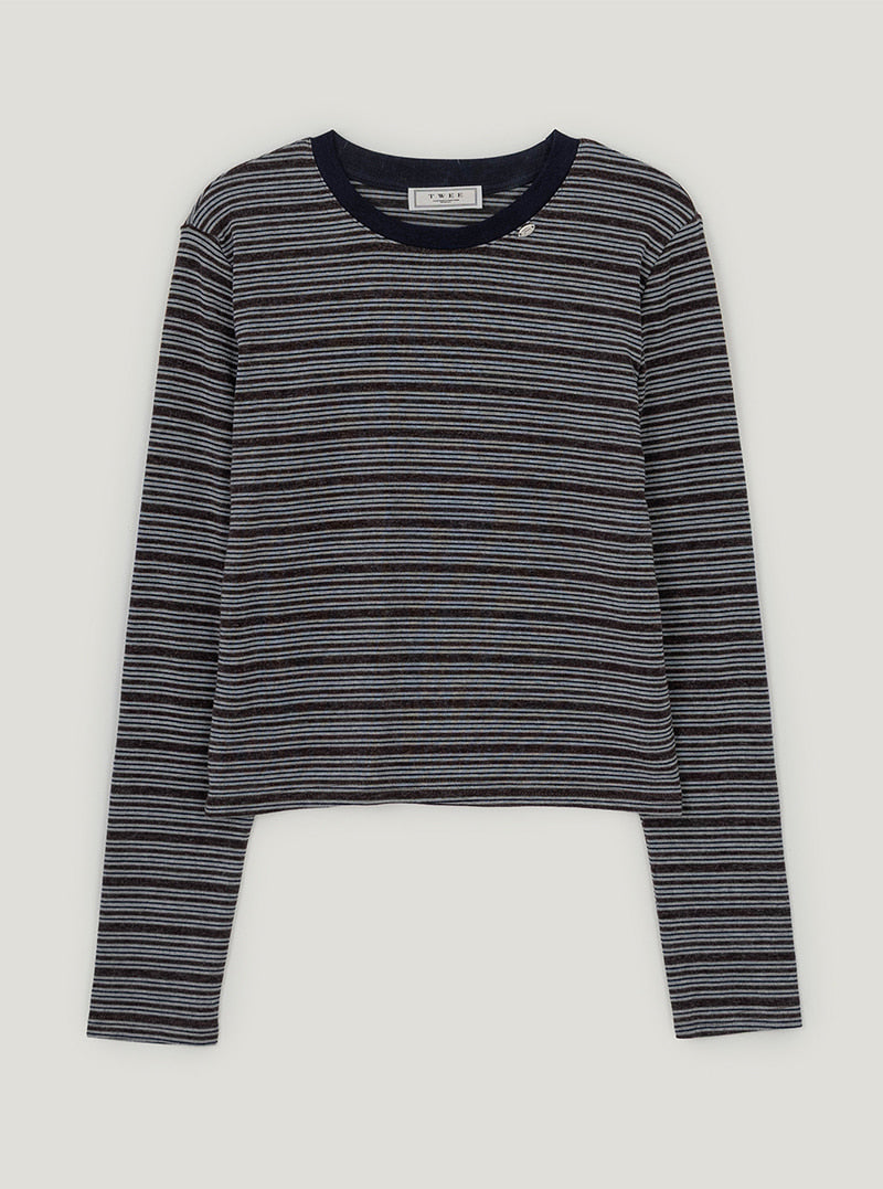 Bizen stripe semi-cropped long sleeve T-shirt | Brown cutout