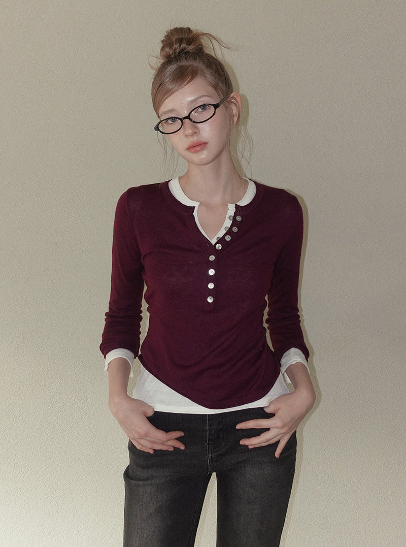 Kidit button V-neck long sleeve knit