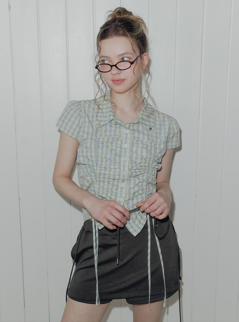 Bota check shirring collar short sleeve blouse