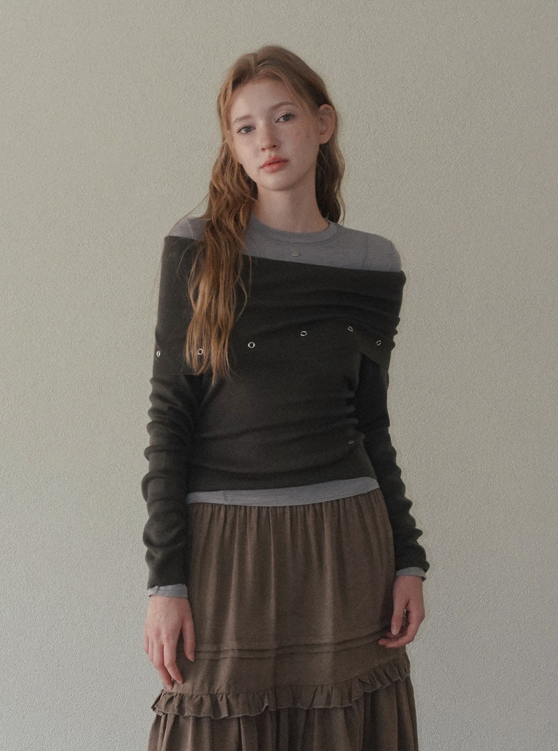 Ripke eyelet off-shoulder long sleeve knit