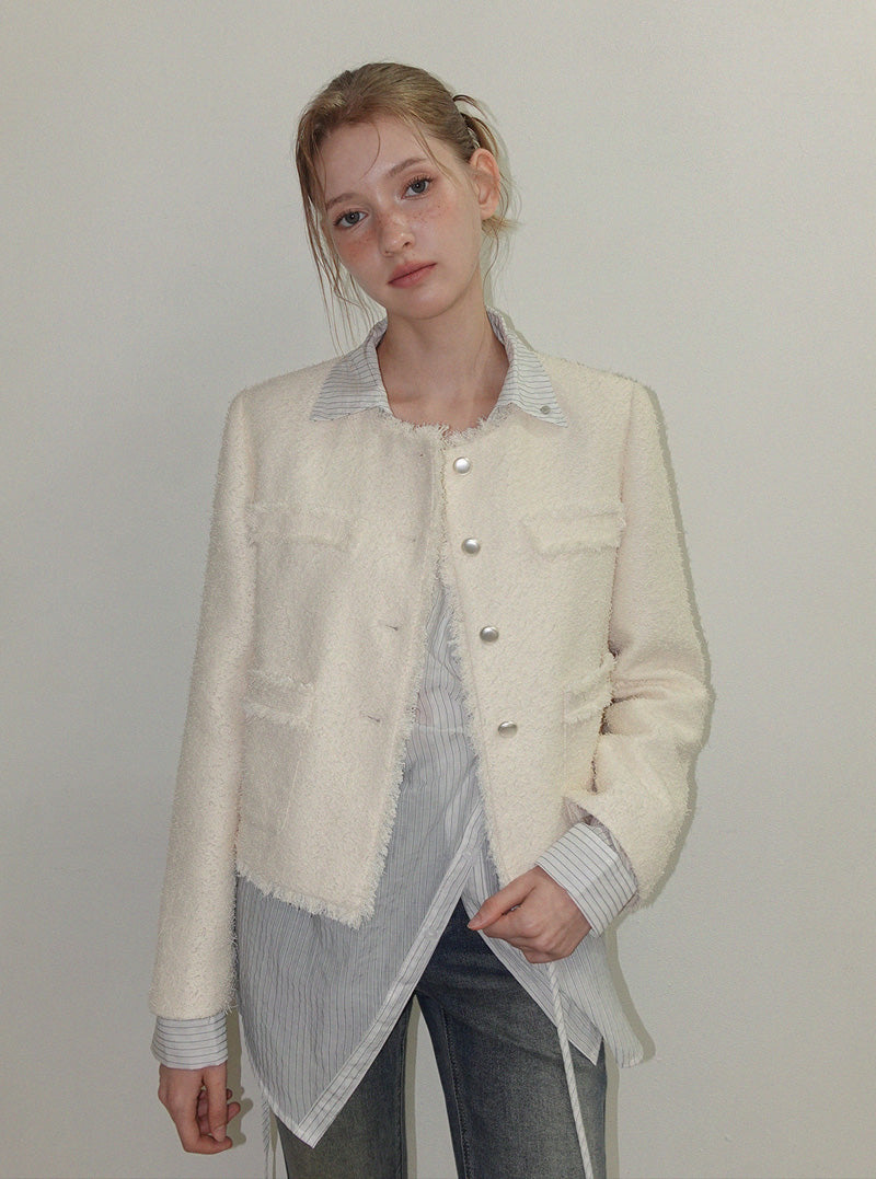Kire fringe round neck long sleeve tweed jacket