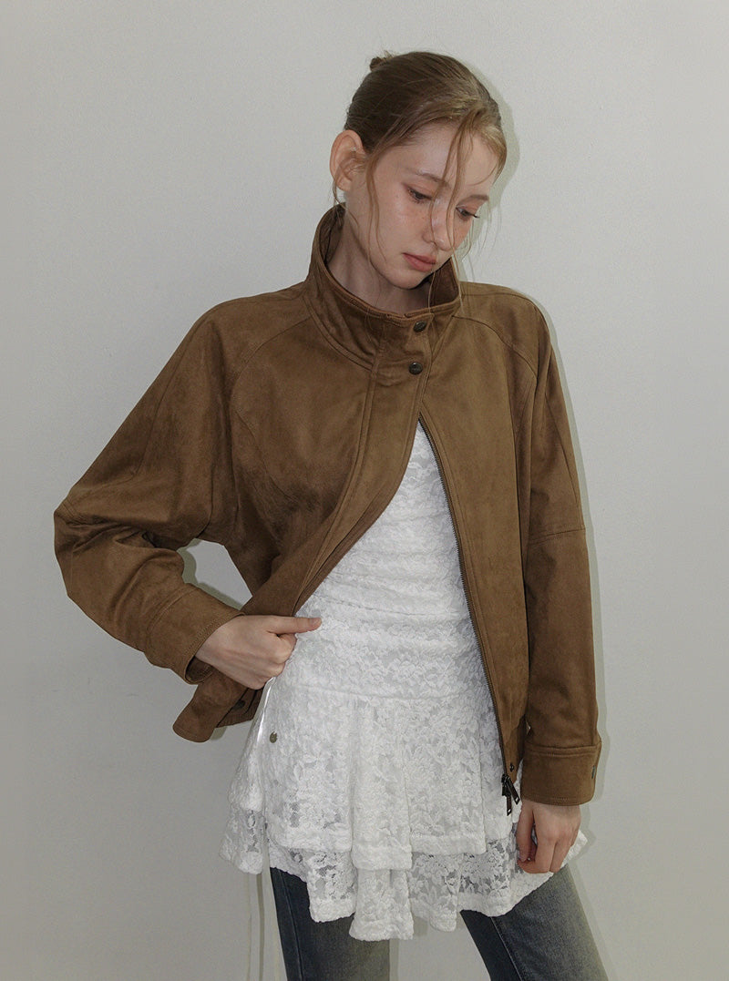 London high-neck suede blouson jumper