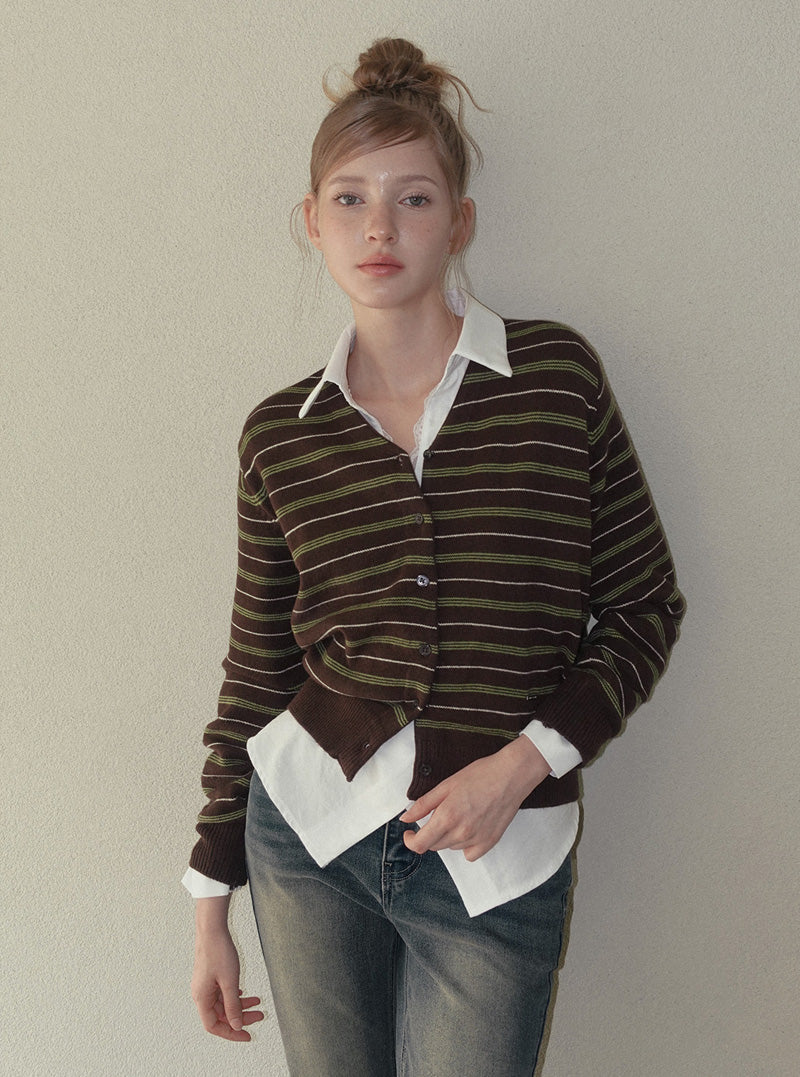 Cure stripe V-neck knit long sleeve cardigan
