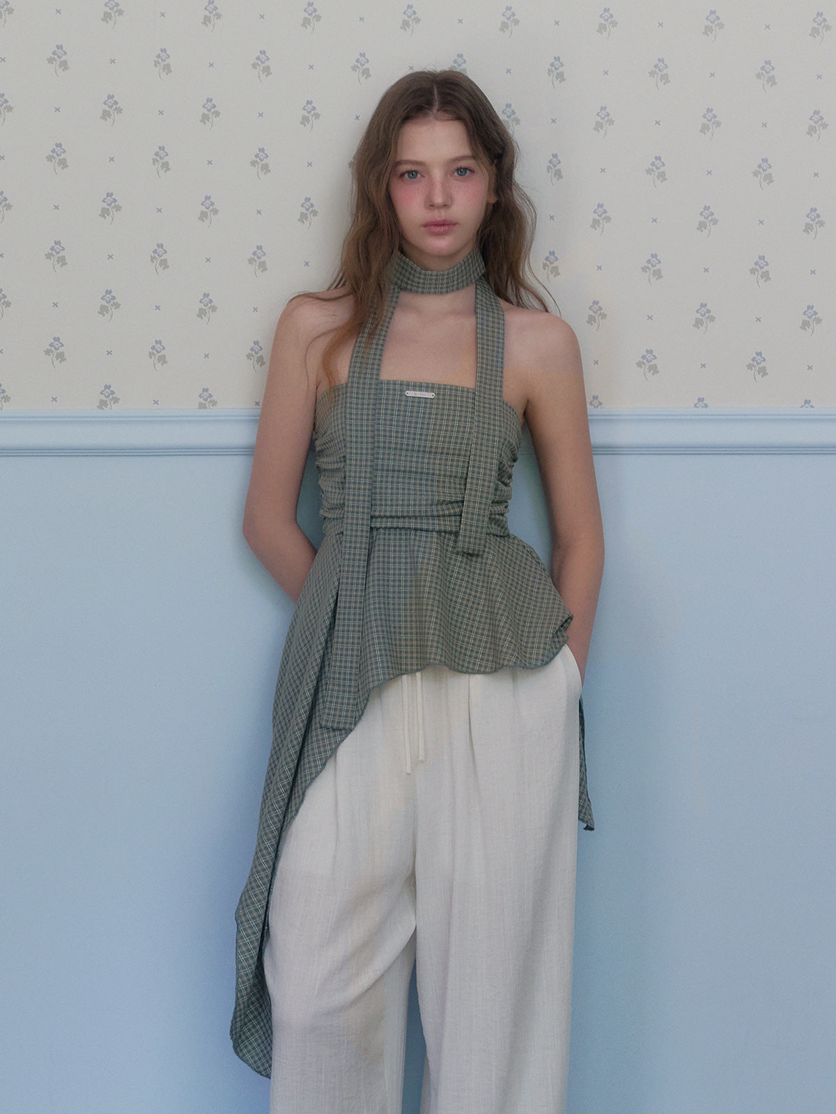 Pozen check shirring top blouse strap set