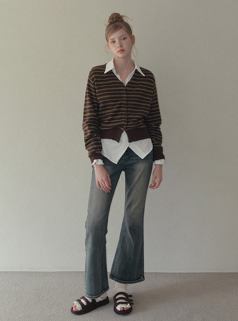 Cure stripe V-neck knit long sleeve cardigan