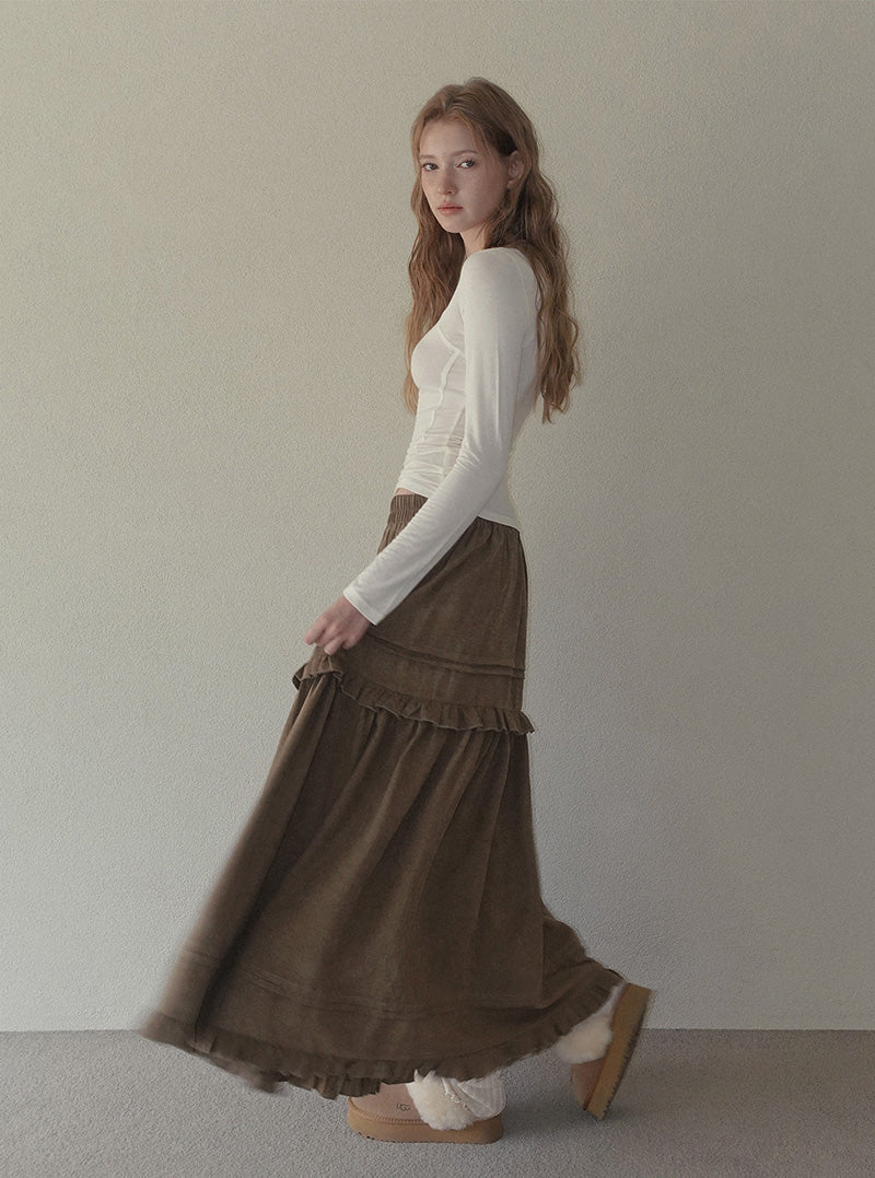 Ridil suede frill flare long skirt