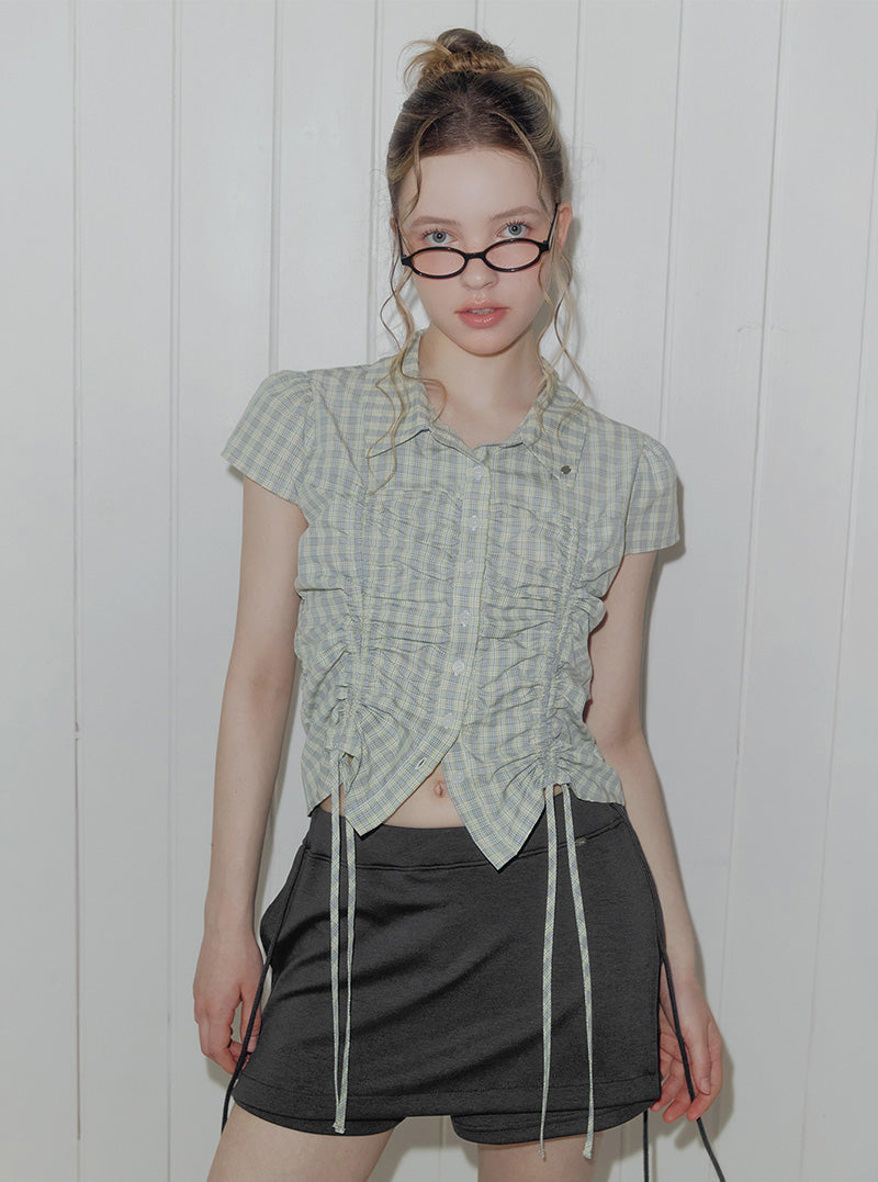 Bota check shirring collar short sleeve blouse