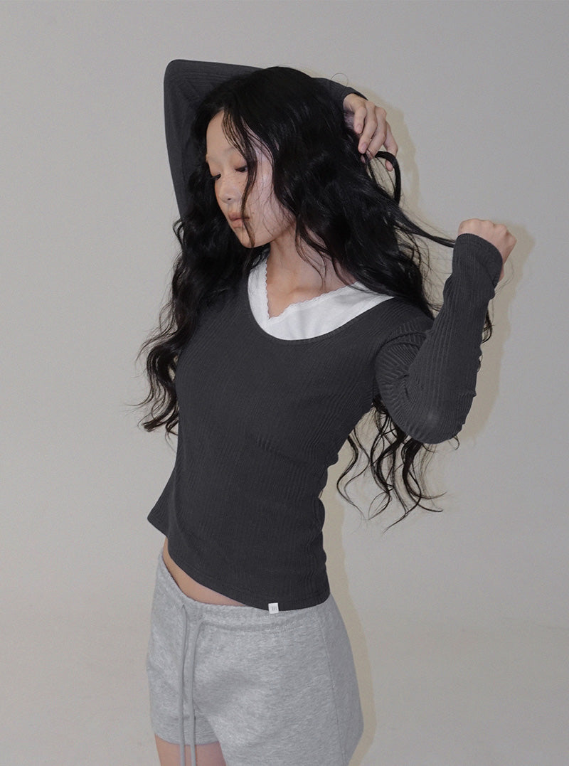 [TWEE:B] Lutz U-neck ribbed long sleeve T-shirt