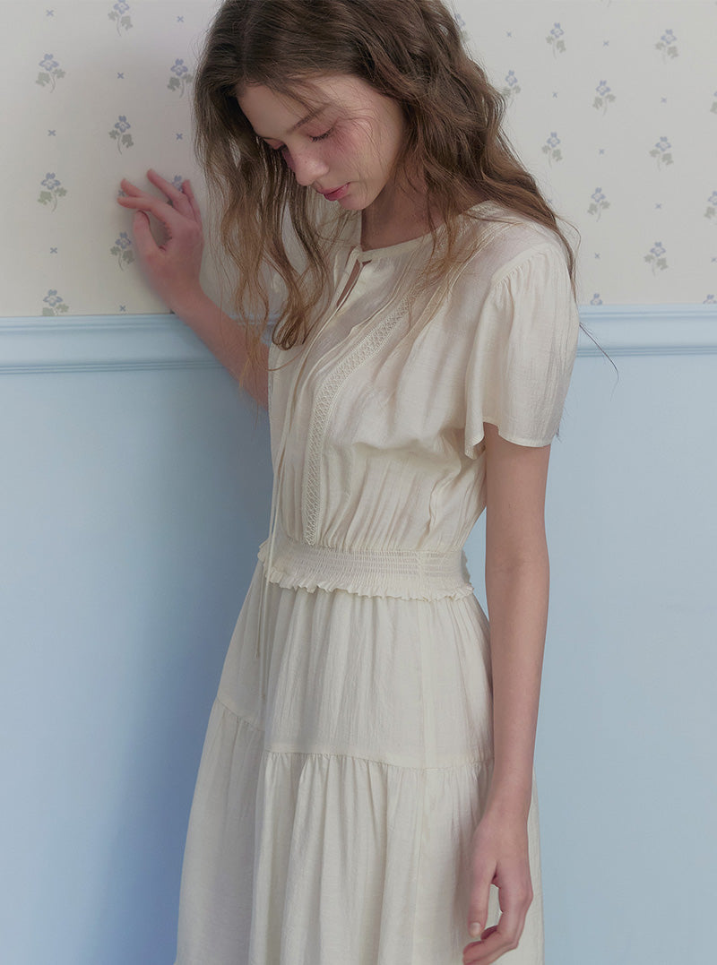 Efen chiffon banding short sleeve long dress
