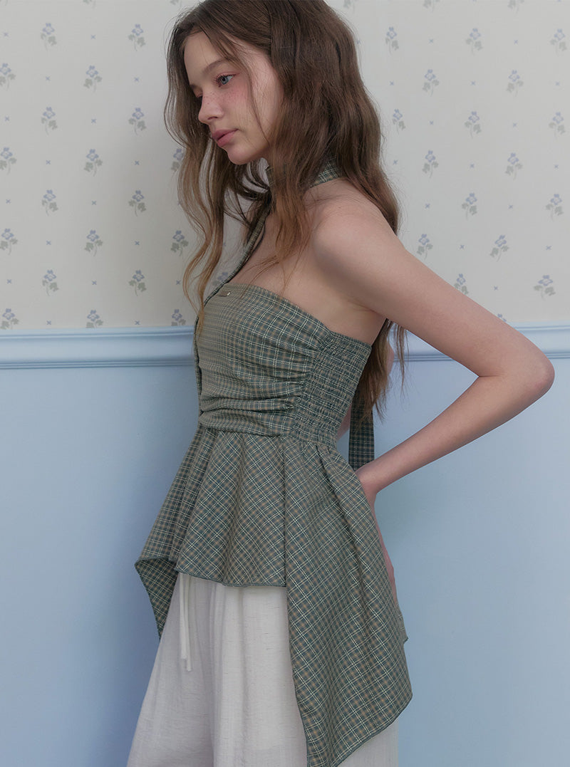 Pozen check shirring top blouse strap set