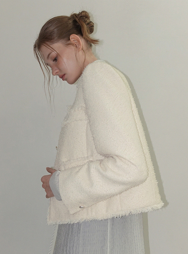 Kire fringe round neck long sleeve tweed jacket