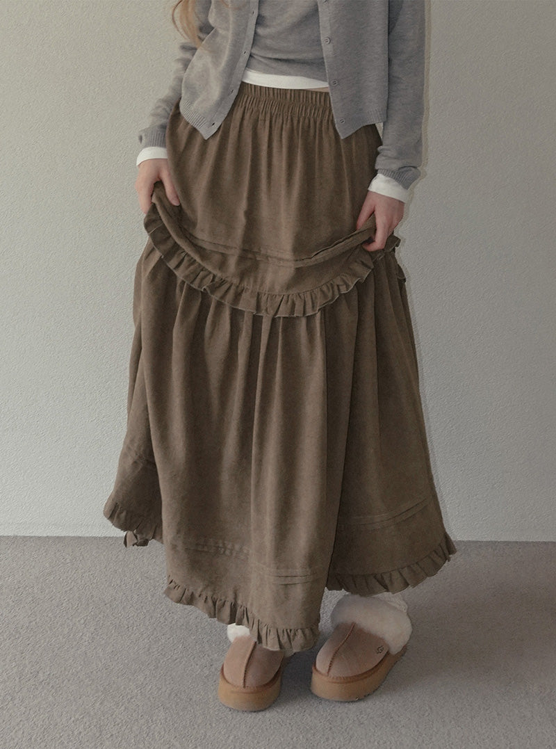 Ridil suede frill flare long skirt