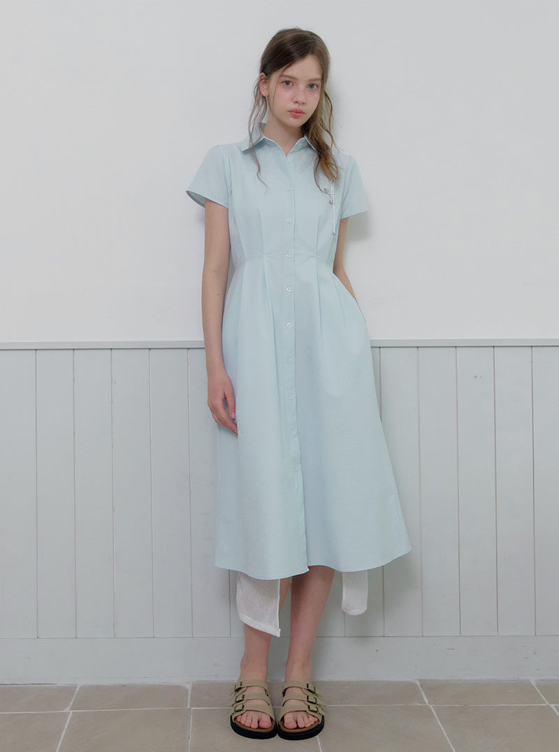 Diring open collar seersucker pintuck long dress